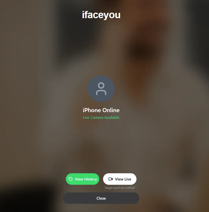 A conceptual dashboard of the IFaceYou tool showing a live camera feed being accessed via a phone number.